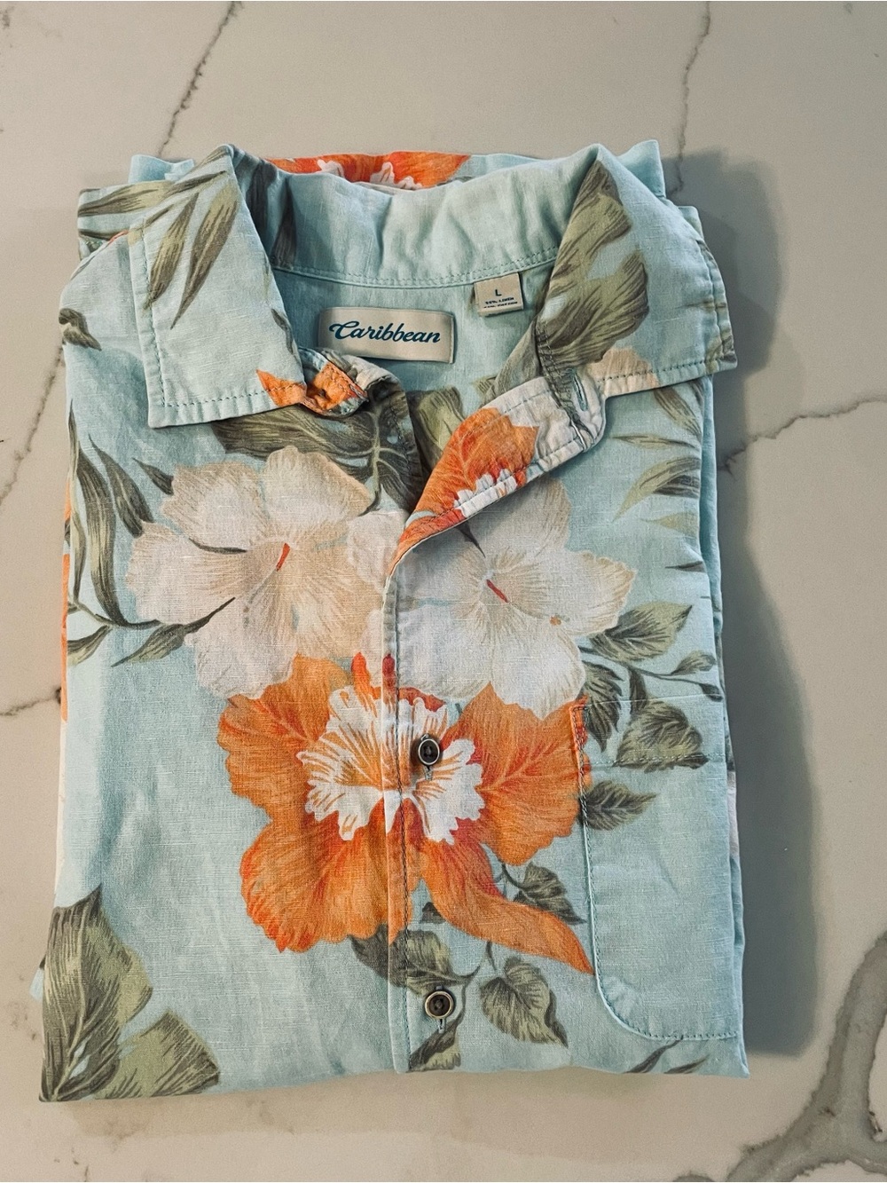 Caribbean Light Blue Floral Button-Down Shirt with Orange Accents Hawaiin